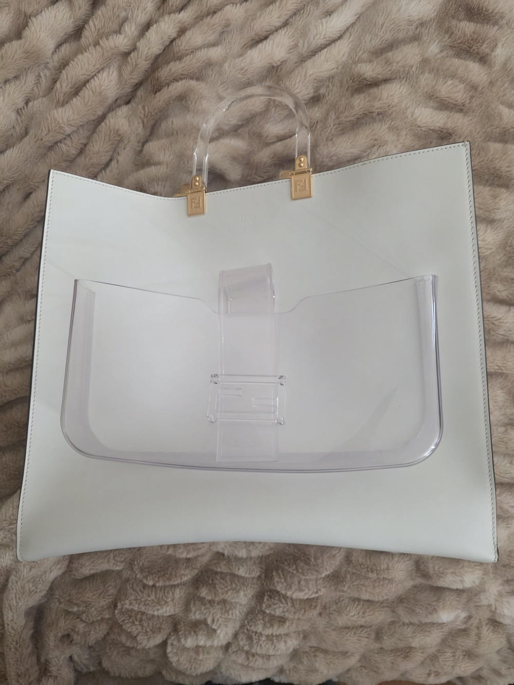 Fendi White Leather Sunshine Tote with Clear Front Pocket ...Tote ONLY